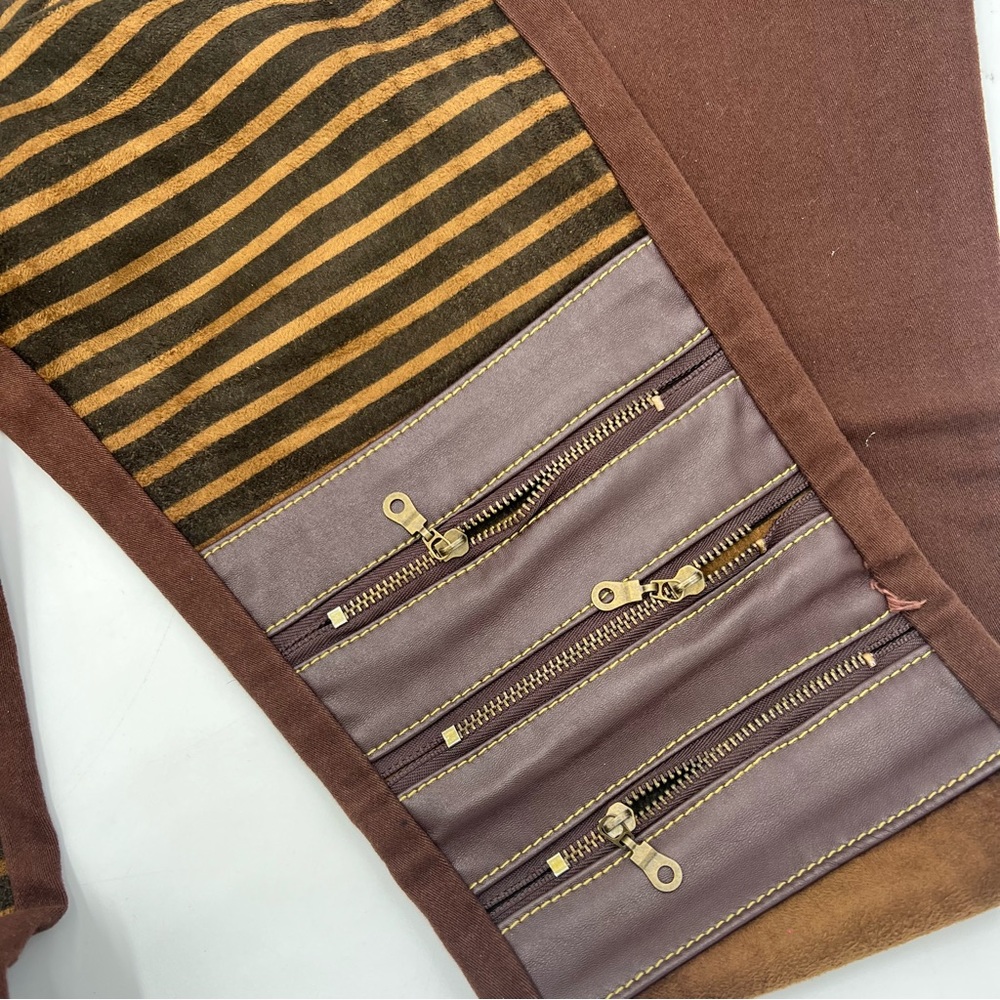 Brown Mixed Media Patchwork Faux Leather Suede Zipper Bling Striped Skinny Jeans - Picture 3 of 6